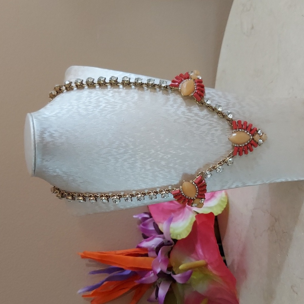 J. Crew Pink and Blush Art Deco Necklace with Rhinestones 20 Inches in Length